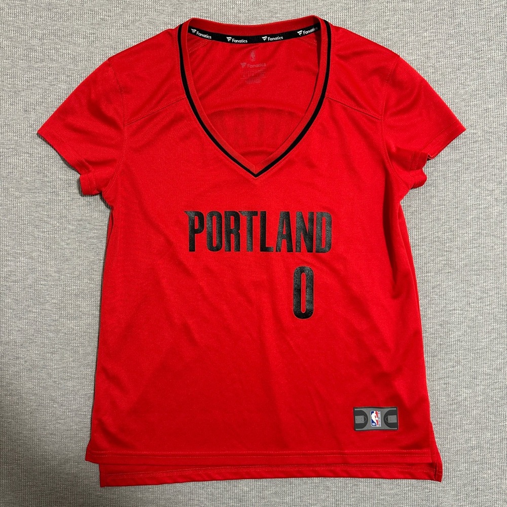 Fanatics Portland Trail Blazers Damian Lillard 0 NBA Red V-Neck Shirt Womens S